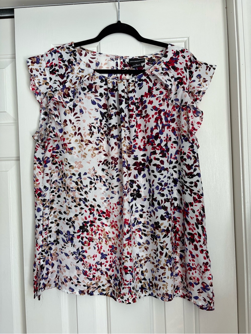 Liz Claiborne White Floral Cap-Sleeve Blouse with Red, Blue & Brown Accents